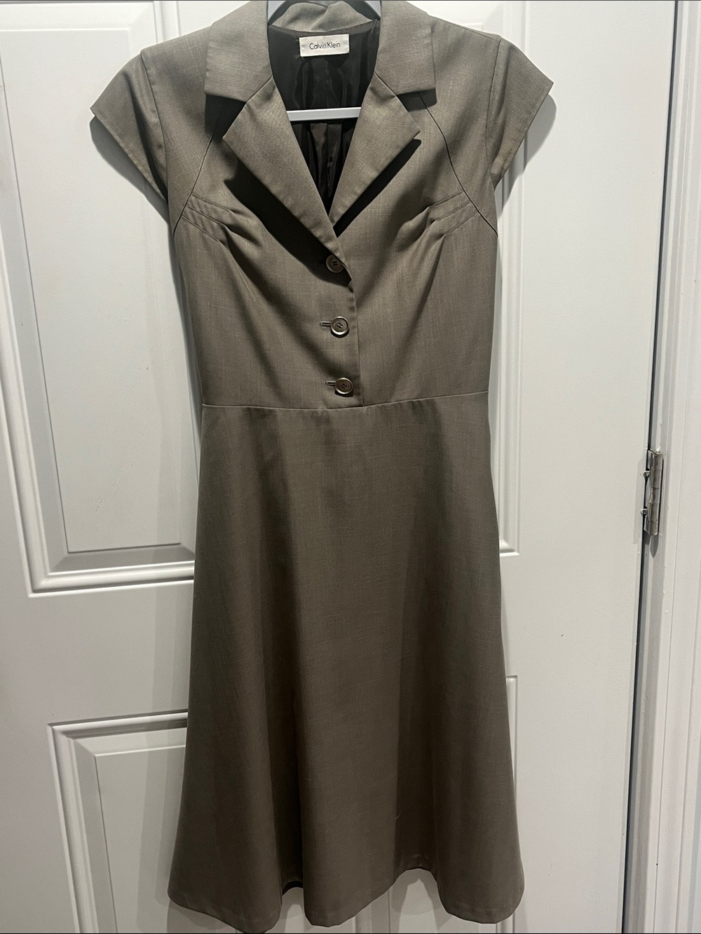 Calvin Klein Taupe Cap Sleeve Notch Collar Midi Belt Dress Side Zipper